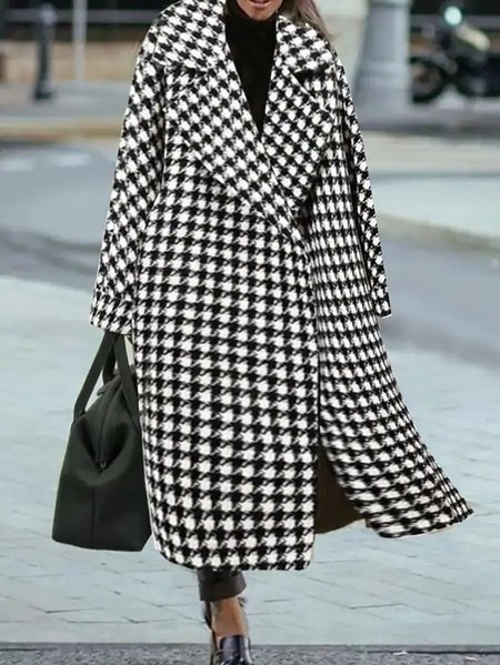 

Houndstooth Loose Lapel Collar OverCoat, Black-white, Outerwear