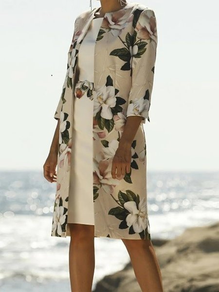 

Floral Urban Crew Neck Two Piece Sets, Beige, Mini Dresses