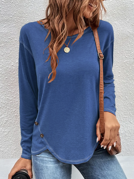 

Casual Plain Autumn Cross Neck Micro-Elasticity Jersey Standard Regular H-Line Tunic T-Shirt for Women, Blue, Blouses