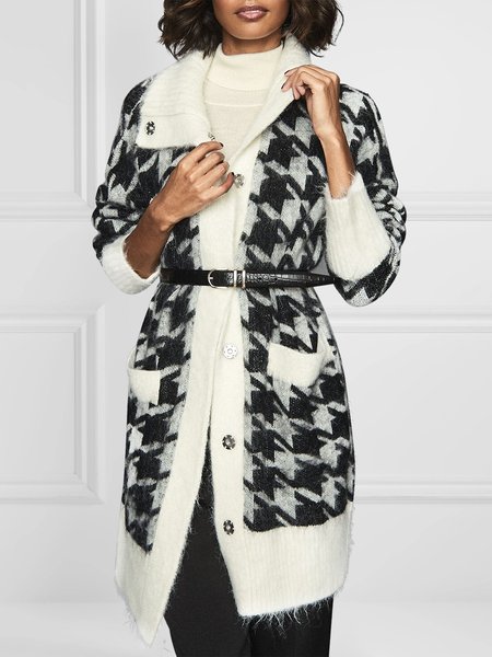 

Vintage Houndstooth Sweater Mid-long Coat, Black-white, Cardigans
