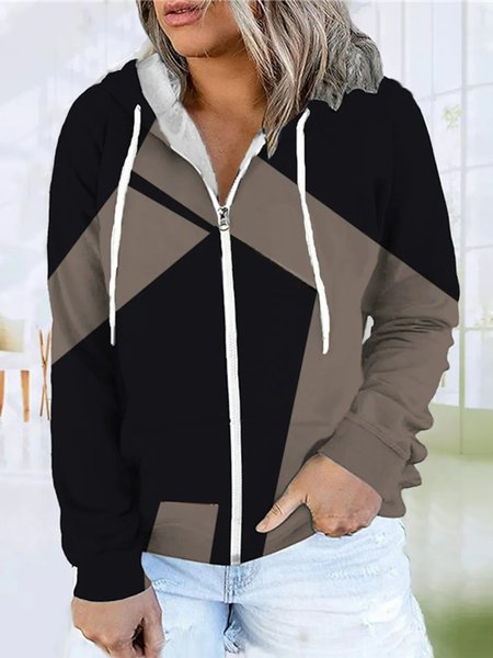 

Women's Hoodie Sweatshirt Geometry Zipper Print Long Sleeve Hooded Jacket, Camel, Outerwear