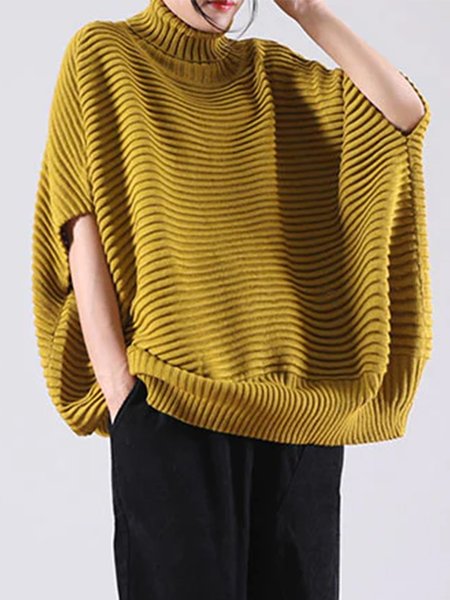 

Turtleneck Simple Plain Loosen Sweater, Yellow, Pullovers