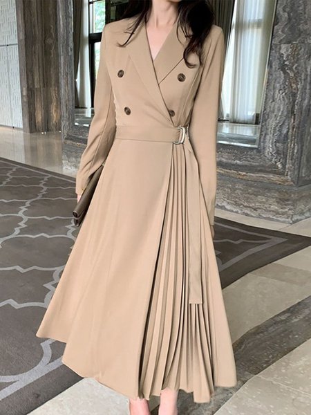 

Plain Urban Lapel Collar Long Sleeve Midi Dress, Khaki, Midi Dresses