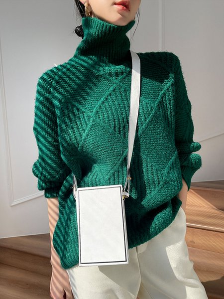 

Warmth Daily Long sleeve Loose Turtleneck Sweater, Green, Pullovers