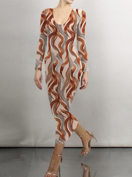 

Elegant Abstract Long Sleeve Tight Maxi Dress, Multicolor, Maxi Dresses