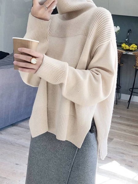 

Long sleeve Casual Loose Turtleneck Sweater, Light camel, Pullovers