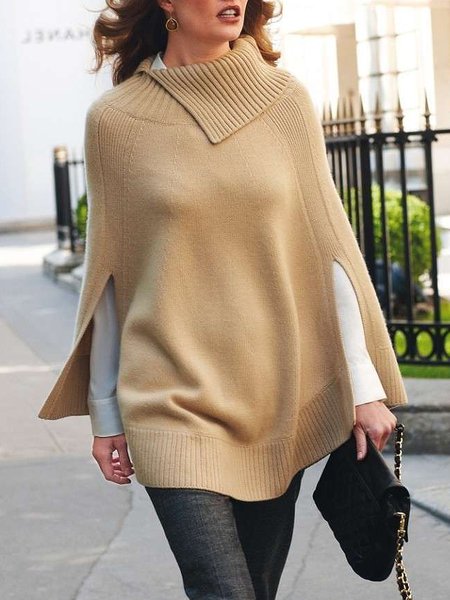 

Regular Size Loose Plain Asymmetrical Sweater, Khaki, Pullovers