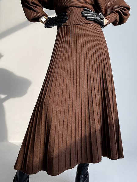 

Elegant Pleated Plain Sweater Skirt, Coffee, Skirts