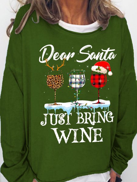 

Women Dear Santa Just Bring Wine Leopard Plaid Crew Neck Cotton-Blend Simple Sweatshirt, Green, Hoodies&Sweatshirts