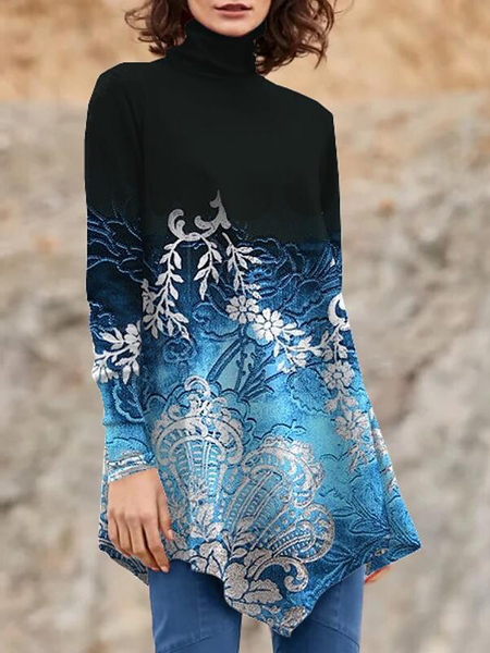 

Turtleneck Ethnic A-Line Casual Tops, Multicolor, Tops