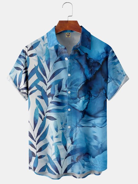 

Watercolor Leaves Chest Pocket Short Sleeve Hawaiian Shirt, Blue, Men Shirts