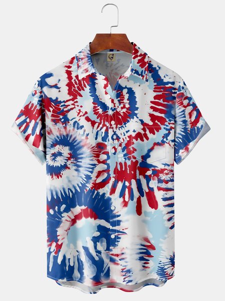 

American Flag Tie Dye Chest Pocket Short Sleeve Casual Shirt, Blue, Men Shirts