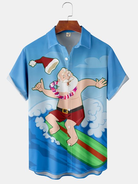 

Mens Christmas Santa Surfing Print Breathable Chest Pocket Button Casual Hawaiian Shirt, Blue, Short Sleeve Shirts