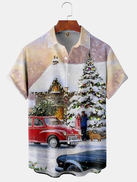 

Christmas Chest Pocket Short Sleeve Hawaiian Shirt, Khaki, Short Sleeve Shirts