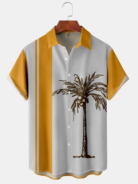 Resort Coconut Tree Chest Pocket Short Sleeve Bowling Shirt, Gray, Short Sleeve Shirts