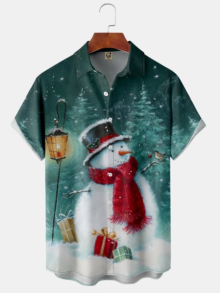 

Christmas Snowman Chest Pocket Short Sleeve Hawaiian Shirt, Green, Short Sleeve Shirts