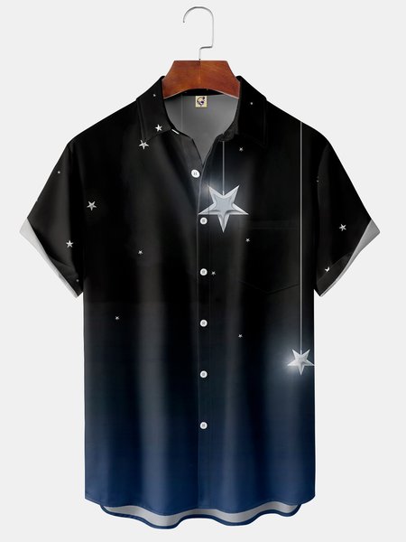 

Gradient Color Christmas Chest Pocket Short Sleeve Resort Shirt, Black, Short Sleeve Shirts