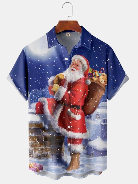 

Santa Claus Gift Chest Pocket Short Sleeve Shirt, Blue, Men Shirts