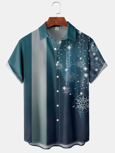 

Christmas Snowshake Chest Pocket Short Sleeve Bowling Shirt, Blue, Short Sleeve Shirts