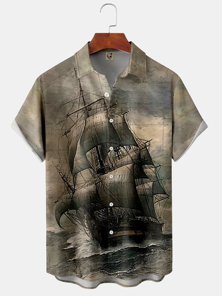 

Sailing Boat Chest Pocket Short Sleeve Shirt, Khaki, Short Sleeve Shirts