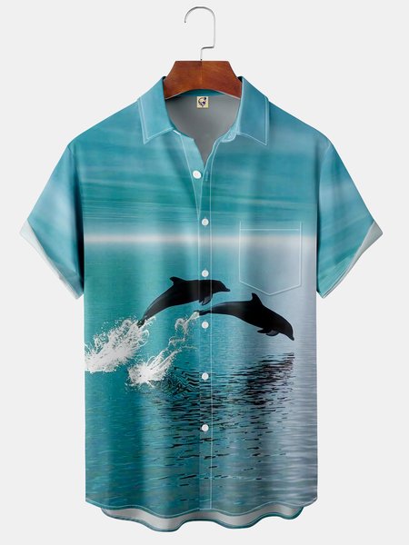 

Dolphin Chest Pocket Short Sleeve Hawaiian Shirt, Blue, Short Sleeve Shirts