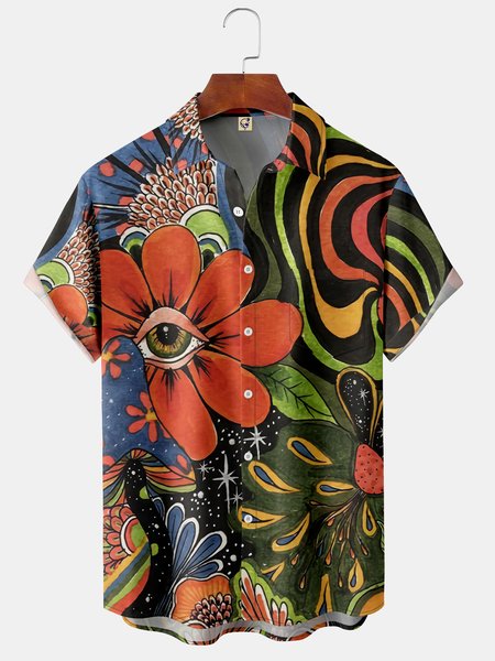

Hippie Chest Pocket Short Sleeve Hawaiian Shirt, Black, Short Sleeve Shirts