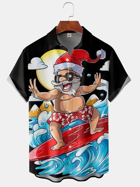 

Mens Christmas Santa Surfing Print Breathable Chest Pocket Button Casual Hawaiian Shirt, Black, Short Sleeve Shirts