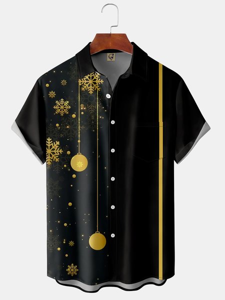 

Christmas Snowshake Chest Pocket Short Sleeve Bowling Shirt, Black, Men Shirts