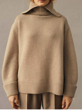 

Loose Plain Turtleneck Sweater, Khaki, Pullovers