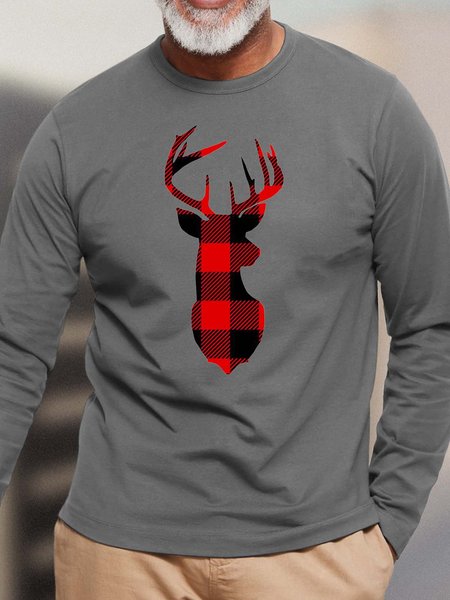 

Men Merry Christmas Moose Pattern Loose Casual Tops, Gray, Long Sleeves