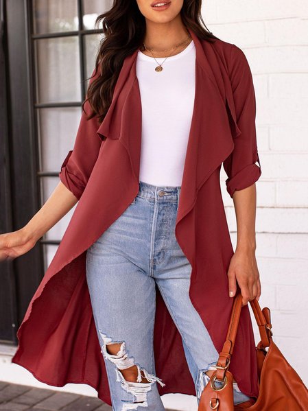 

Plain Color Flowy Large Lapel Trench Coat, Deep red, Coats