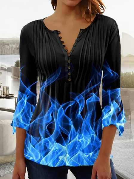 

Women's T shirt Tee Flame Casual Weekend Painting T shirt Tee 3/4 Length Sleeve Button Print Round Neck Basic Blue Print, Tops
