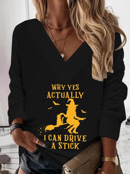 

Halloween Long Sleeve V Neck Printed Top Sweatshirt, Black, Hoodies & Sweatshirts