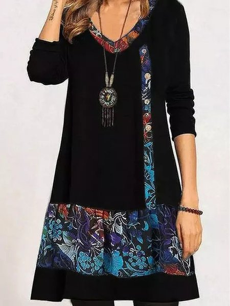 Ethnic Regular Fit V Neck Dress, Black, Dresses