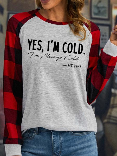 

Women I’m Cold letters Crew Neck Casual Text Letters Top, White, Long sleeves