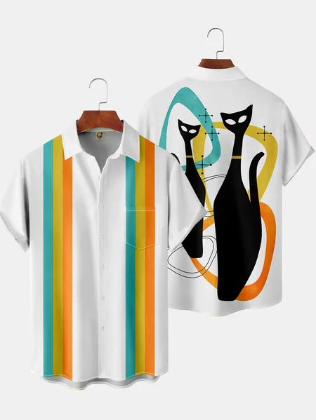 

Men's Art Cat Print Short Sleeve Hawaiian Shirt with Chest Pocket, White, Short Sleeve Shirts