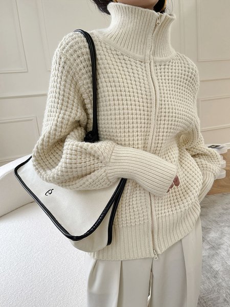 

Stand Collar Daily Long sleeve Regular Fit Sweater Coat, Off white, Cardigans