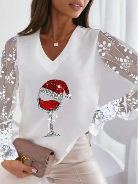 

Christmas Casual Lace Wine Glass Tops, White, Tops