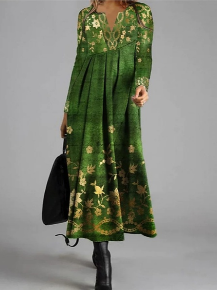 

Floral Loose V Neck Casual Dresses, Green, Dresses