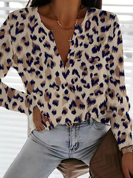 

Casual V Neck Leopard Loose Tops, Khaki, Shirts & Blouses