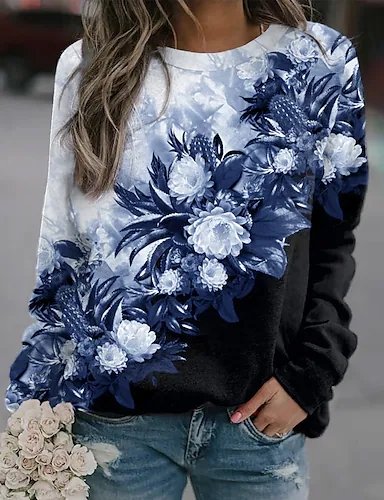 

Floral Raglan Sleeve Crew Neck Sweatshirt, Black-blue, Sweatshirts & Hoodies