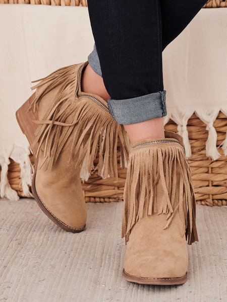 

Khaki Zip-Fringed Anti-Suede Wedge Ankle Boots, Boots