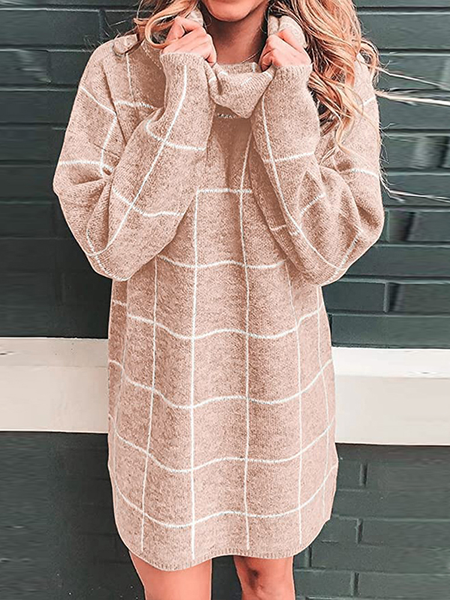 

Casual Striped Turtleneck Dresses, Khaki, Mini Dresses