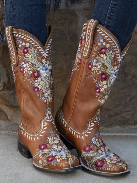 

Vintage Ethnic Floral Embroidered Chunky Heel High Boots, Brown, Boots