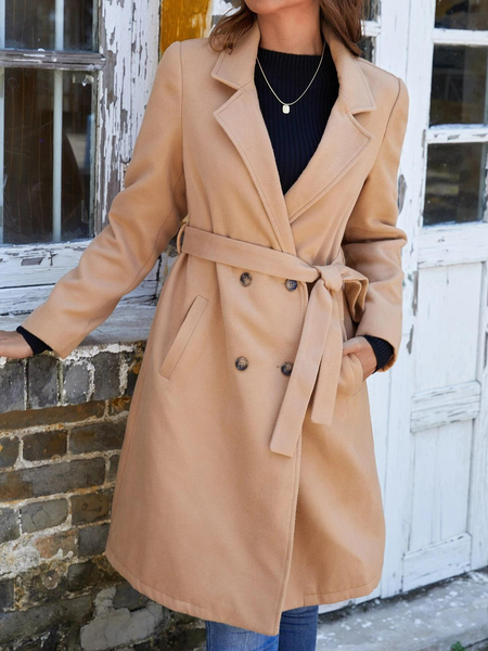 

Casual Double Breasted Belted Tweed Overcoat With Belt, Khaki, Coats