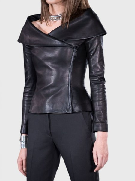 

Long sleeve PU Plain Shawl Collar Urban Jacket, Black, Jackets