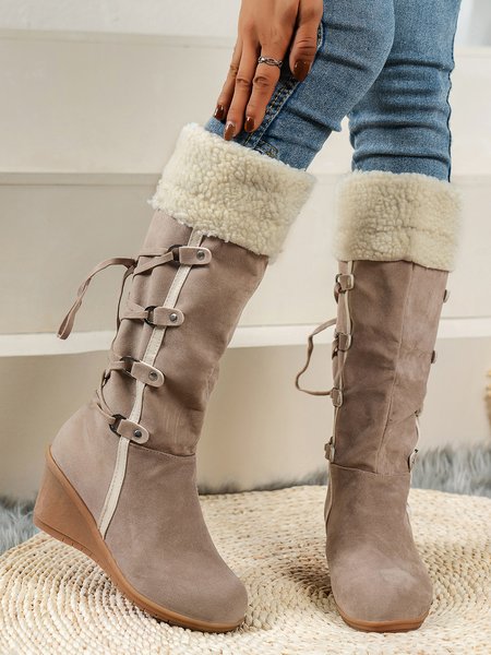 

Retro Flanged Fluffy Muffin Platform Wedge Boots Wedge Snow Boots, Apricot, Boots