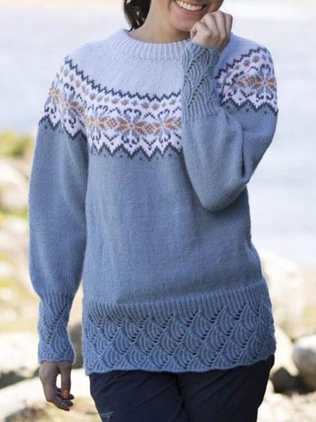 

Western Ethnic Crew Neck Loose Knit Sweater, Blue, Sweaters