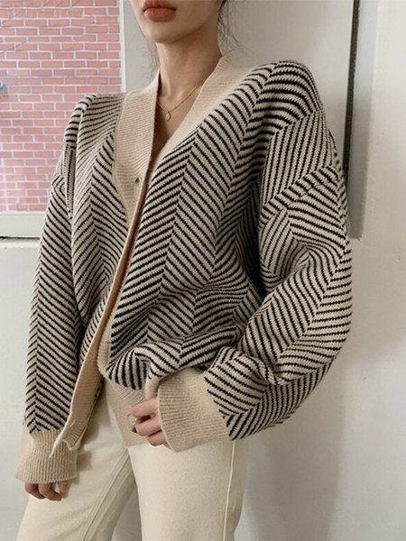 

Geometric Loose Urban Long Sleeve Sweater Coat, Black-coffee, Cardigans