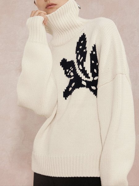 Daily Long sleeve Regular Fit Floral Simple Sweater, Off white, Pullovers